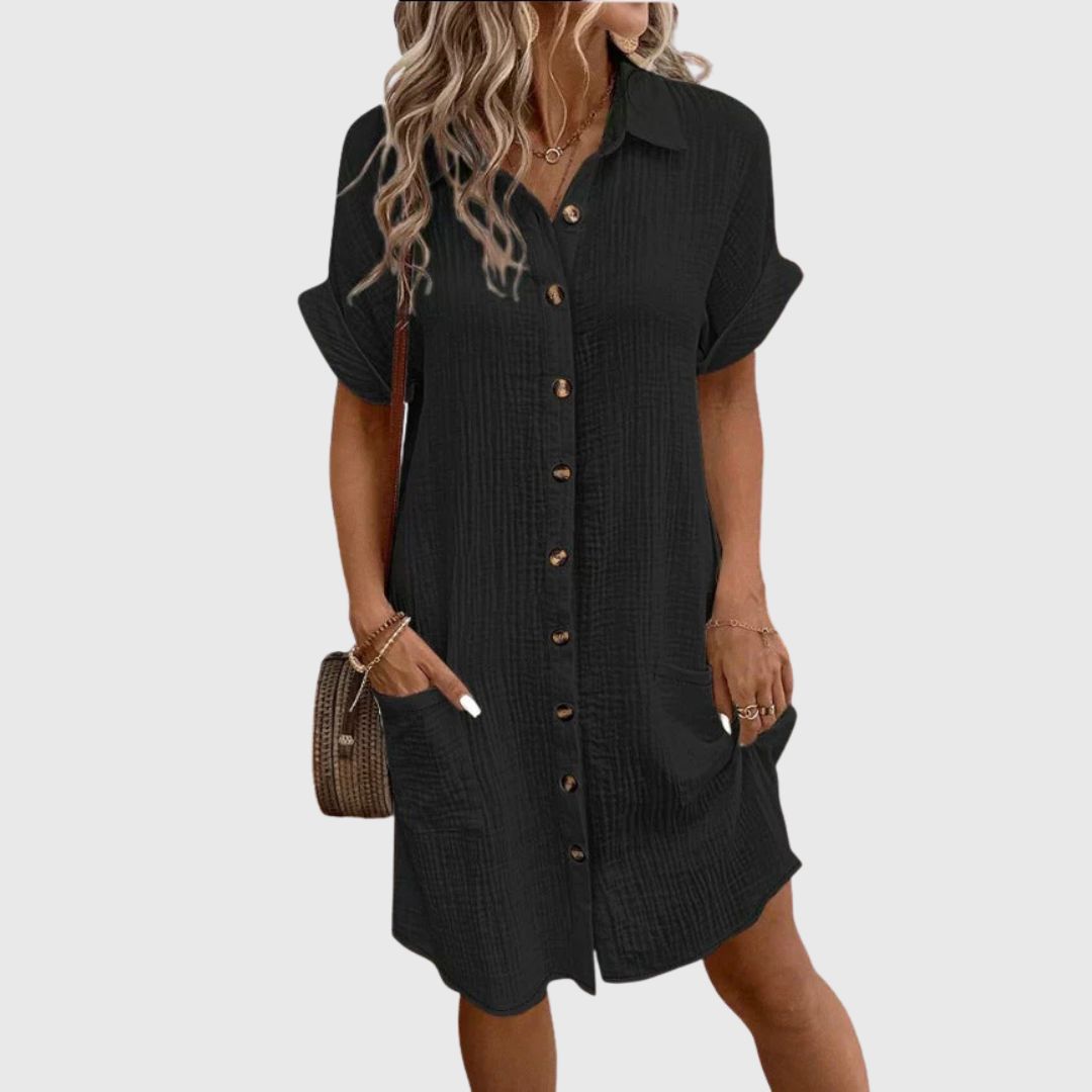 Susan - Casual White Summer Dress with Buttons and Pockets