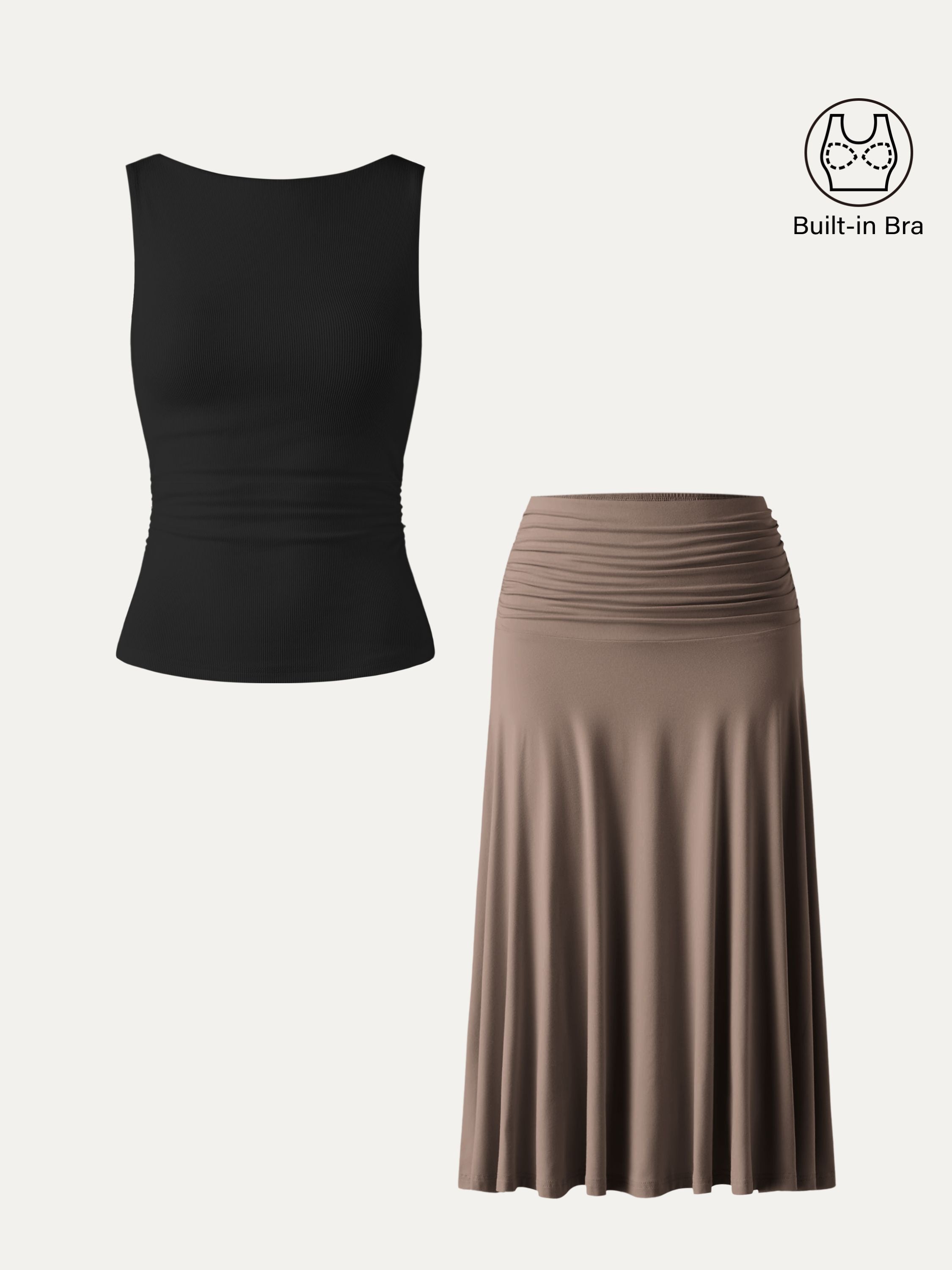 2Pcs Set Elastic Open Back Brami Tank & Flowy Side Ruched A-line Midi Skirt