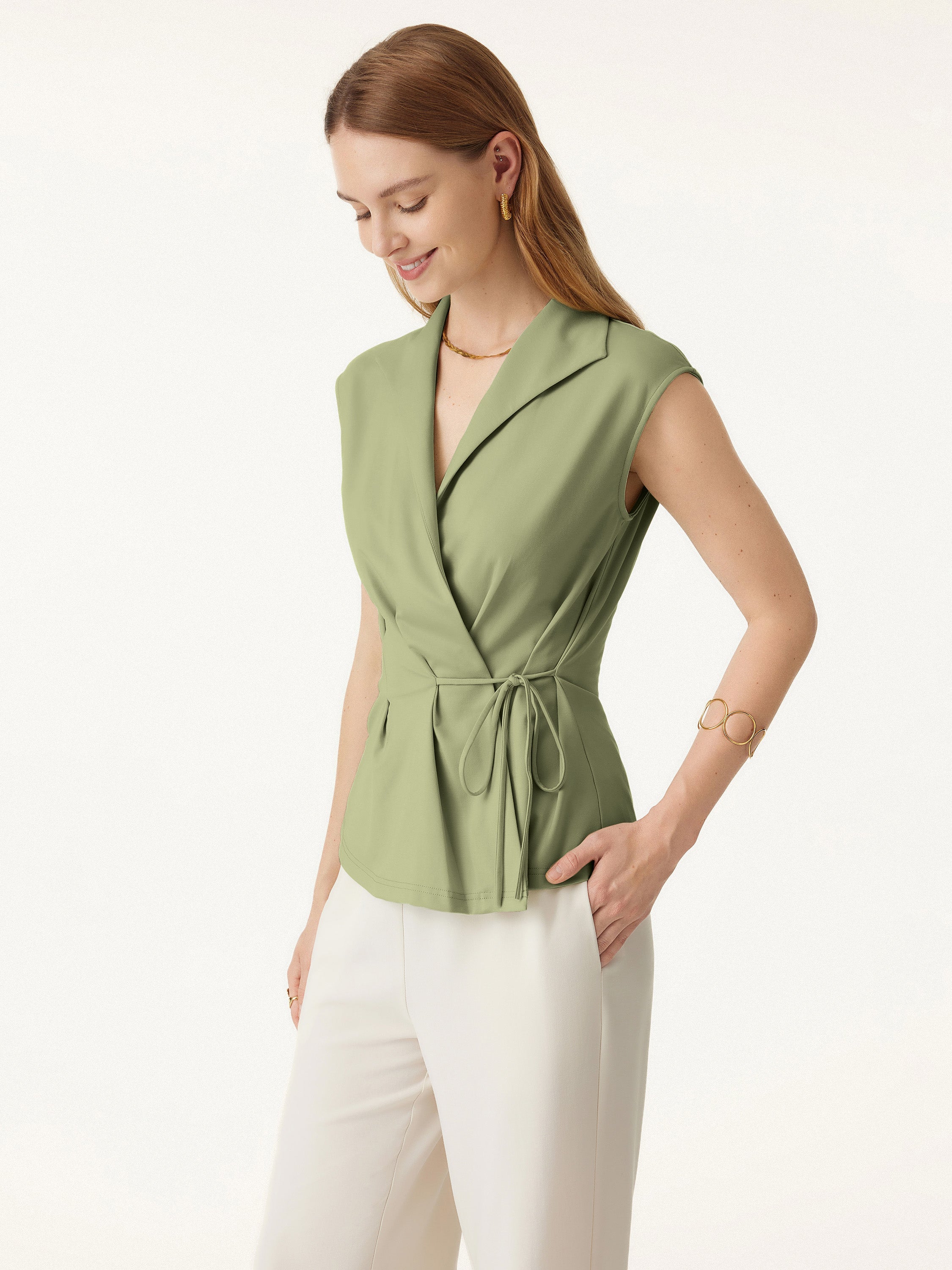 Icy Ponte Flap Collar Surplice Sleeveless Top with Drawstring Tie