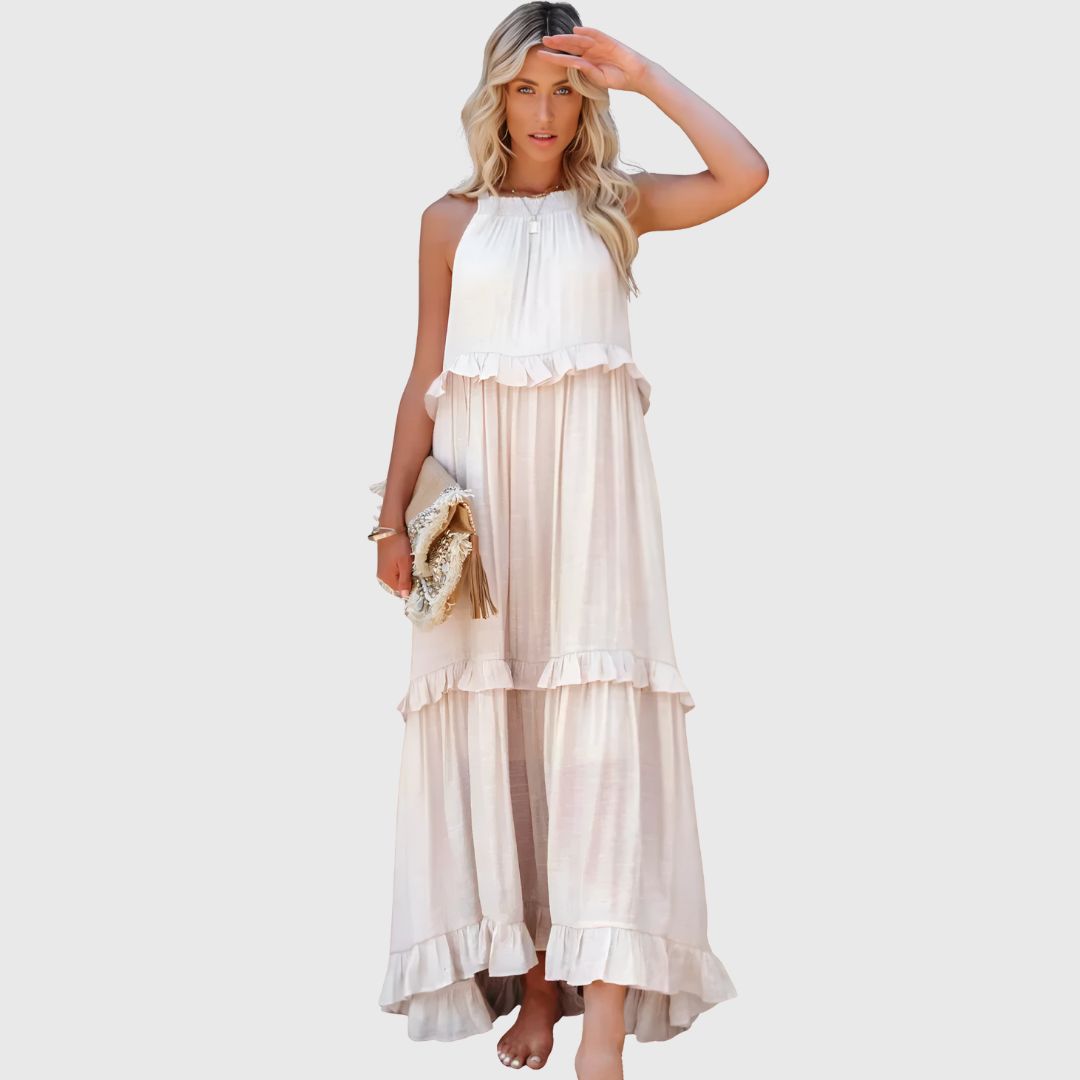 Daphne – Flowy Midi Dress with Soft Neckline Detail