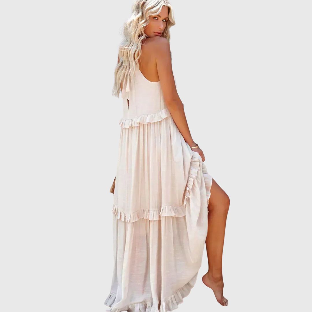 Daphne – Flowy Midi Dress with Soft Neckline Detail